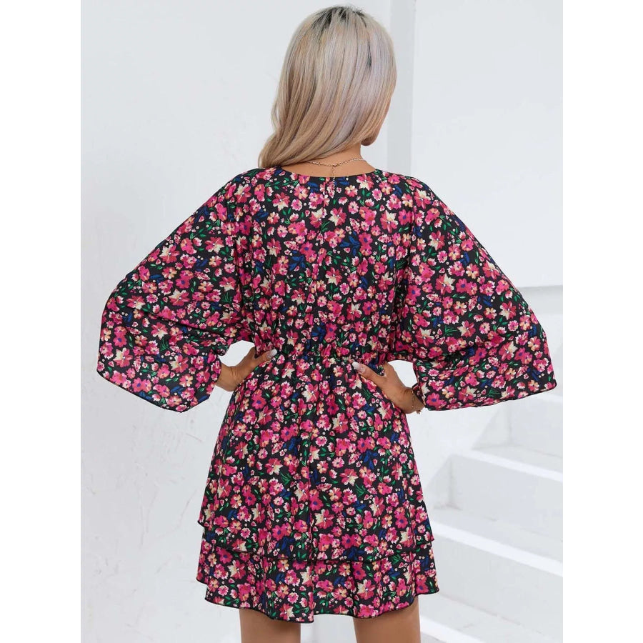 Floral Print Layered Ruffle Hem Mini Dress Apparel and Accessories