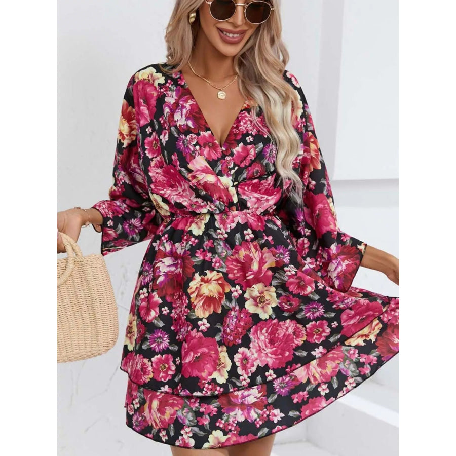 Floral Print Layered Ruffle Hem Mini Dress Apparel and Accessories