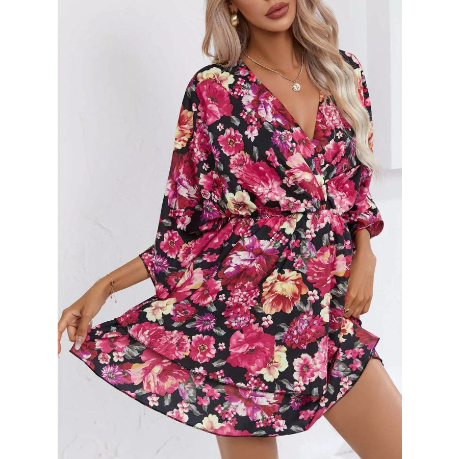 Floral Print Layered Ruffle Hem Mini Dress Apparel and Accessories