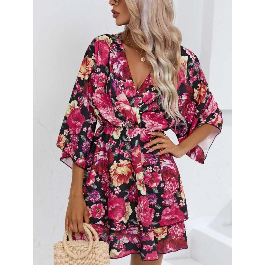 Floral Print Layered Ruffle Hem Mini Dress Apparel and Accessories