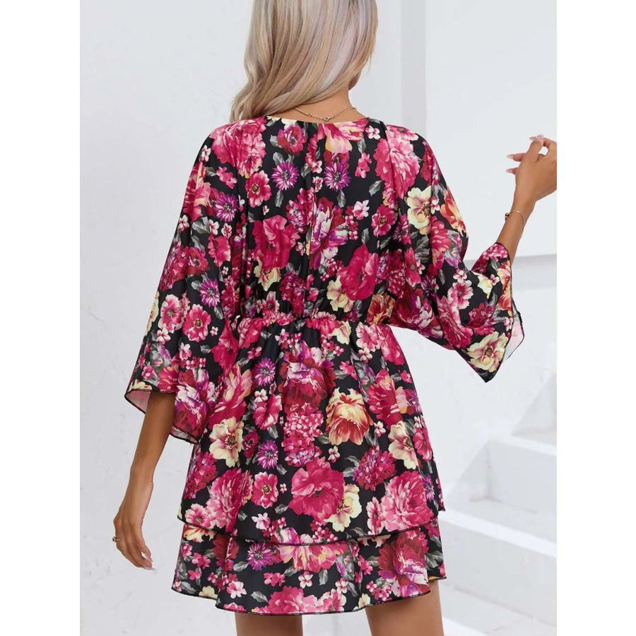 Floral Print Layered Ruffle Hem Mini Dress Apparel and Accessories