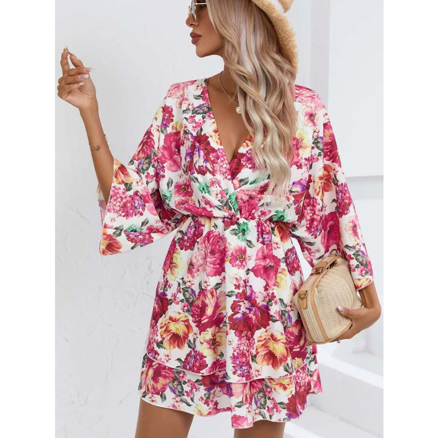 Floral Print Layered Ruffle Hem Mini Dress Apparel and Accessories