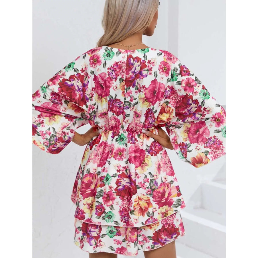 Floral Print Layered Ruffle Hem Mini Dress Apparel and Accessories