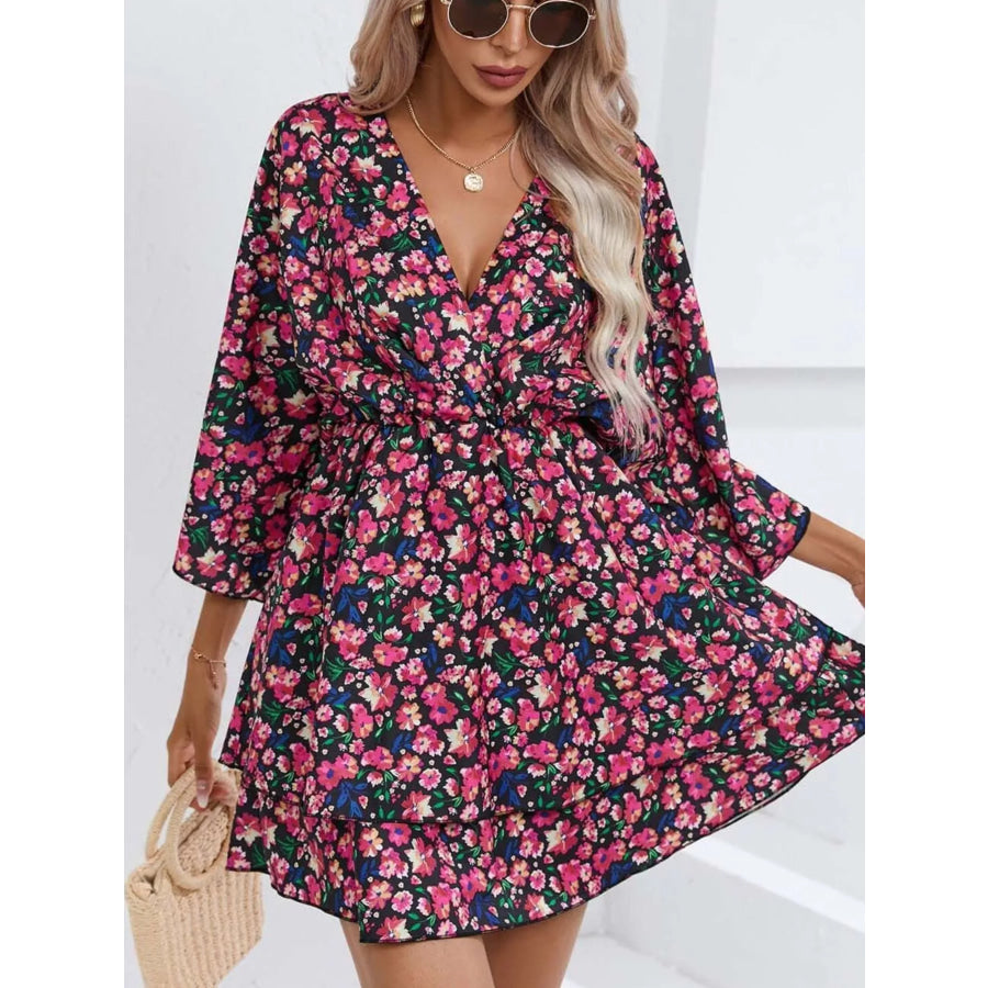 Floral Print Layered Ruffle Hem Mini Dress Apparel and Accessories