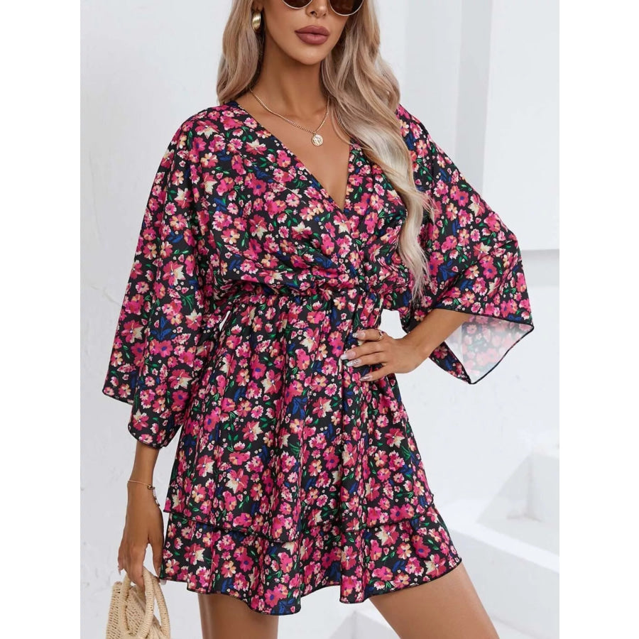 Floral Print Layered Ruffle Hem Mini Dress Apparel and Accessories