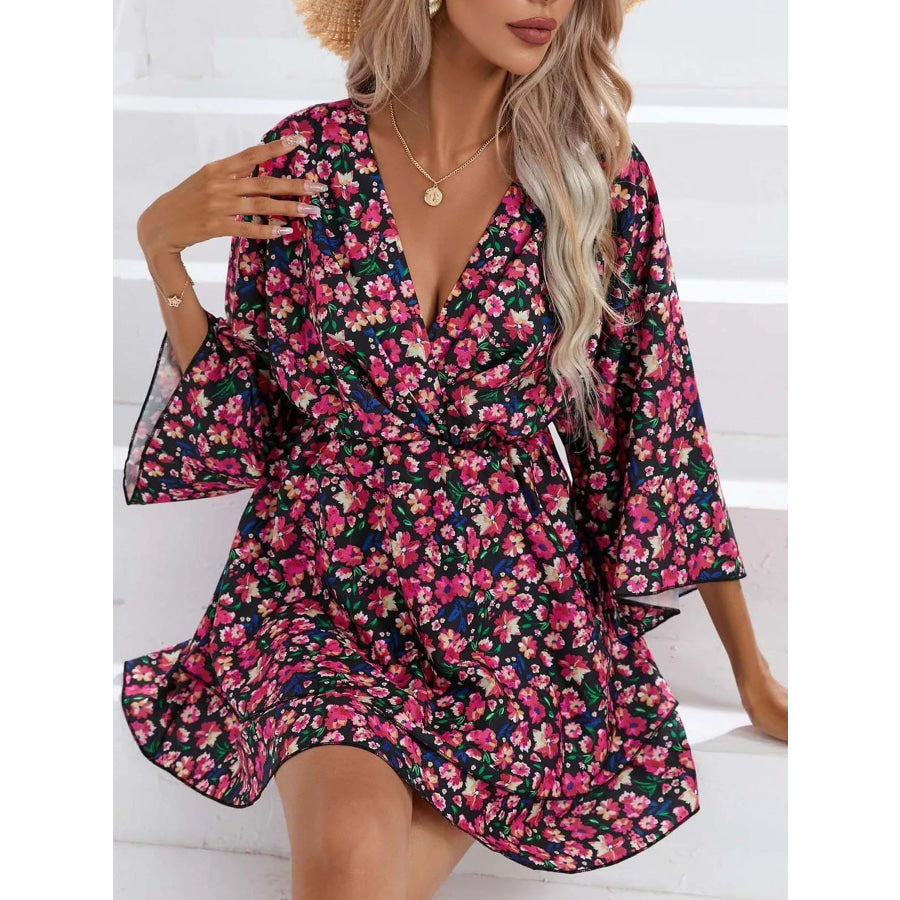 Floral Print Layered Ruffle Hem Mini Dress Black / S Apparel and Accessories