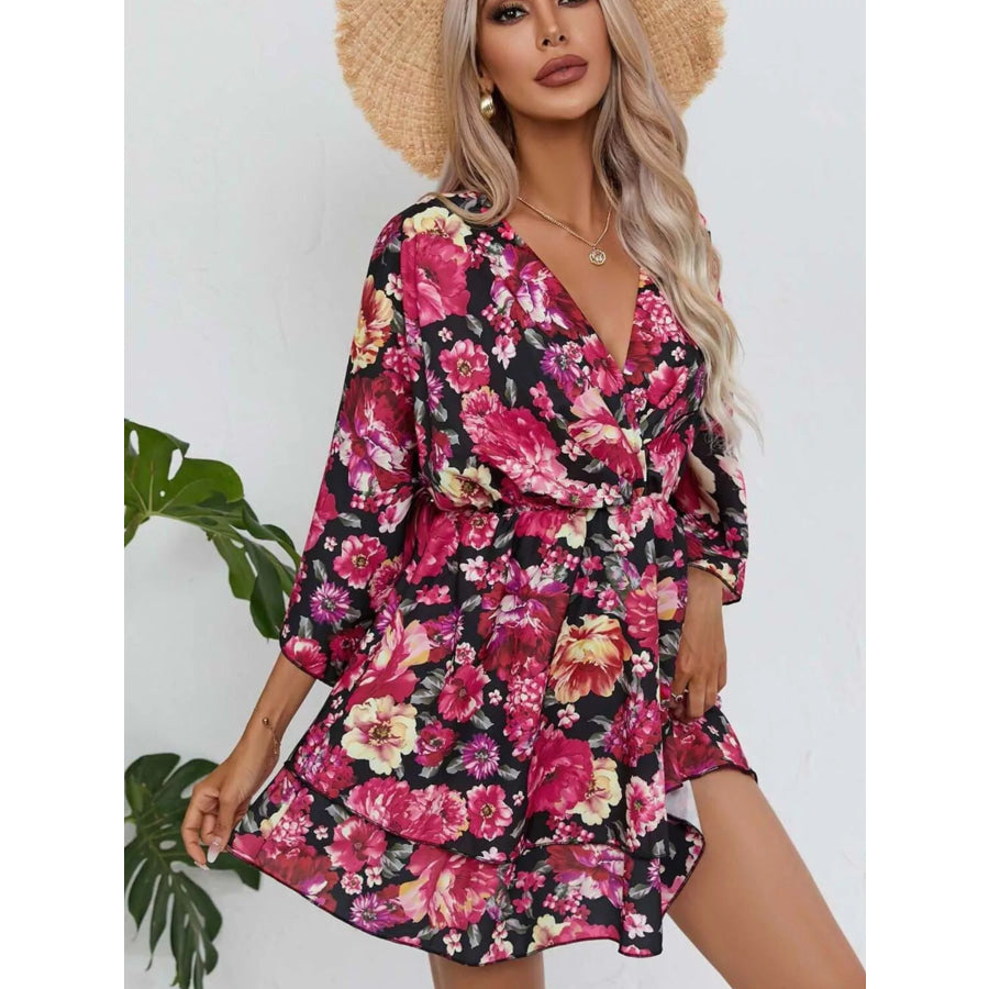 Floral Print Layered Ruffle Hem Mini Dress Deep Rose / S Apparel and Accessories