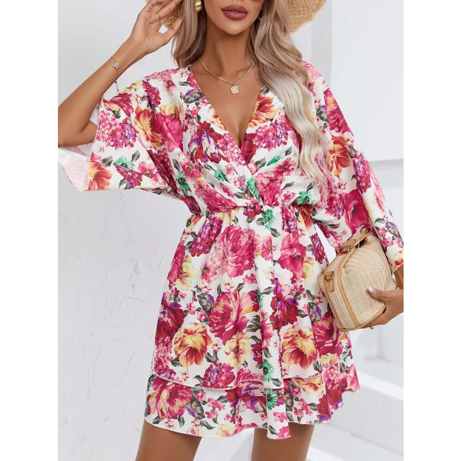 Floral Print Layered Ruffle Hem Mini Dress White / S Apparel and Accessories