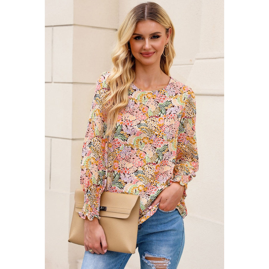 Floral Print Long Puff Sleeve Blouse Gum Leaf / L