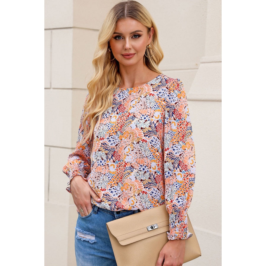 Floral Print Long Puff Sleeve Blouse Navy / L