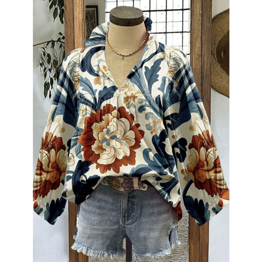 Floral Print Long Sleeve Blouse Peacock Blue / S Apparel and Accessories