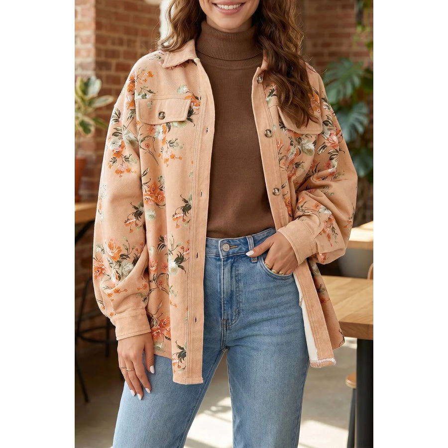 Floral Print Long Sleeve Denim Jacket Tan / S Apparel and Accessories