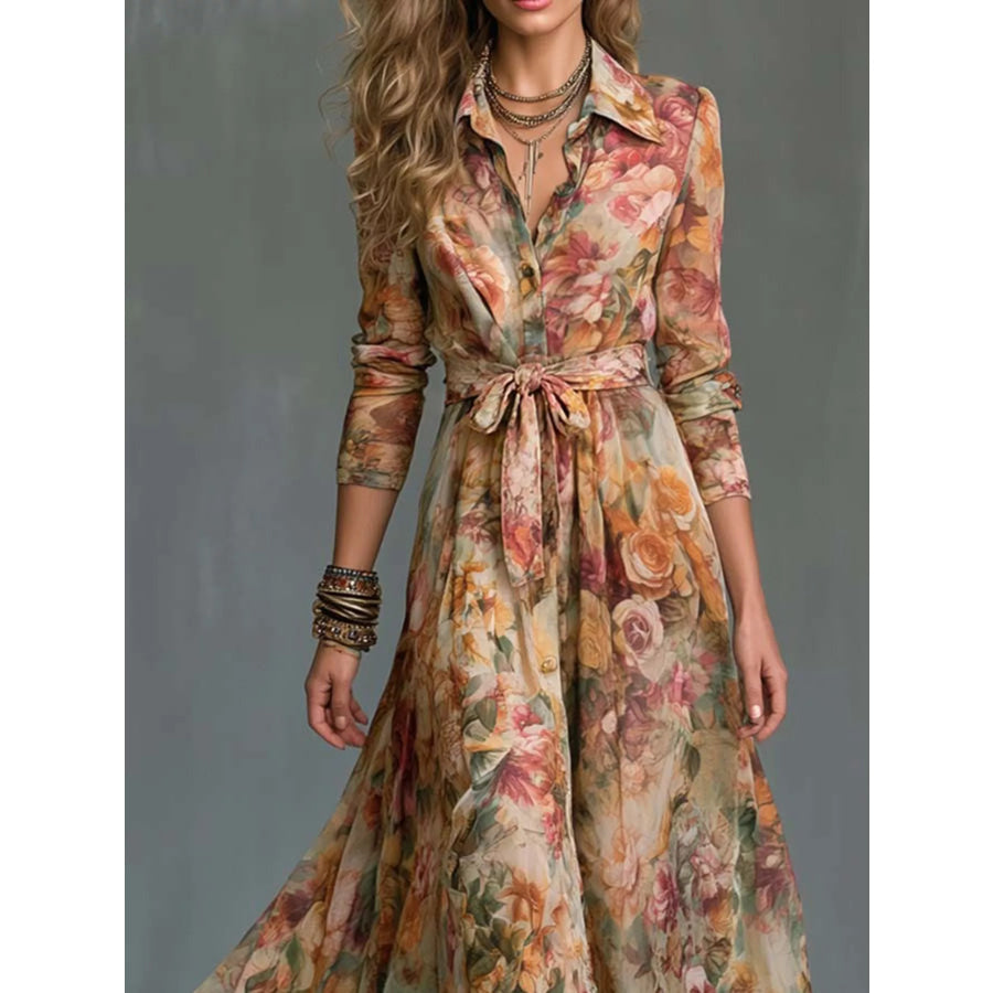 Floral Print Long Sleeve Maxi Shirt Dress Apparel and Accessories