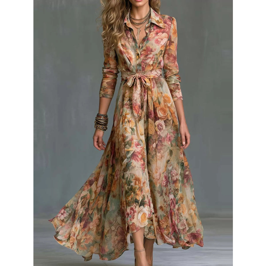 Floral Print Long Sleeve Maxi Shirt Dress / S Apparel and Accessories