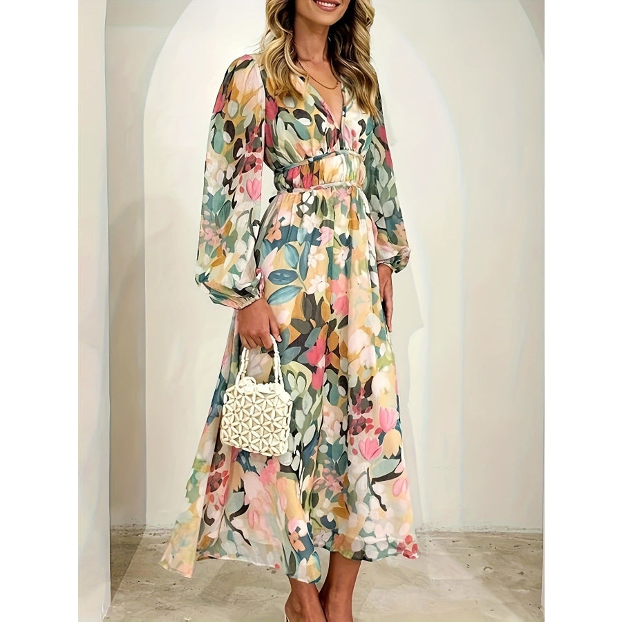Floral Print Long Sleeve Midi Dress Apparel and Accessories