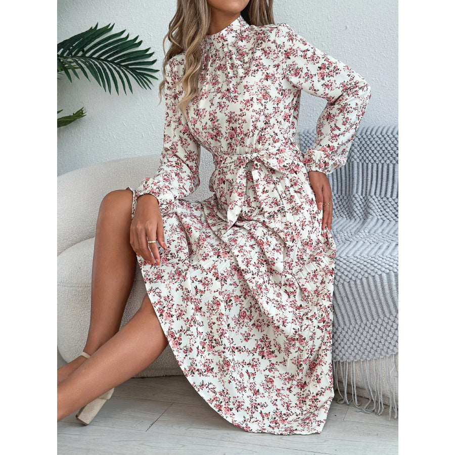 Floral Print Long Sleeve Midi Dress Apparel and Accessories