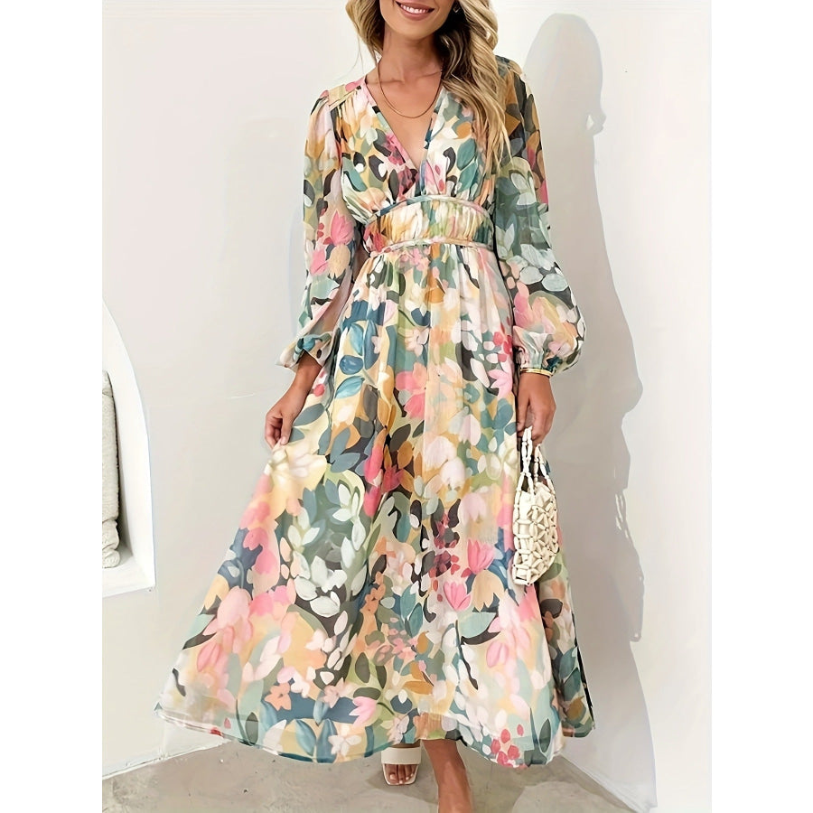 Floral Print Long Sleeve Midi Dress Beige / S Apparel and Accessories