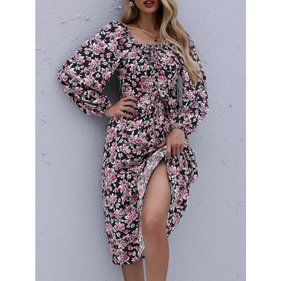 Floral Print Long Sleeve Midi Dress Black / S Apparel and Accessories