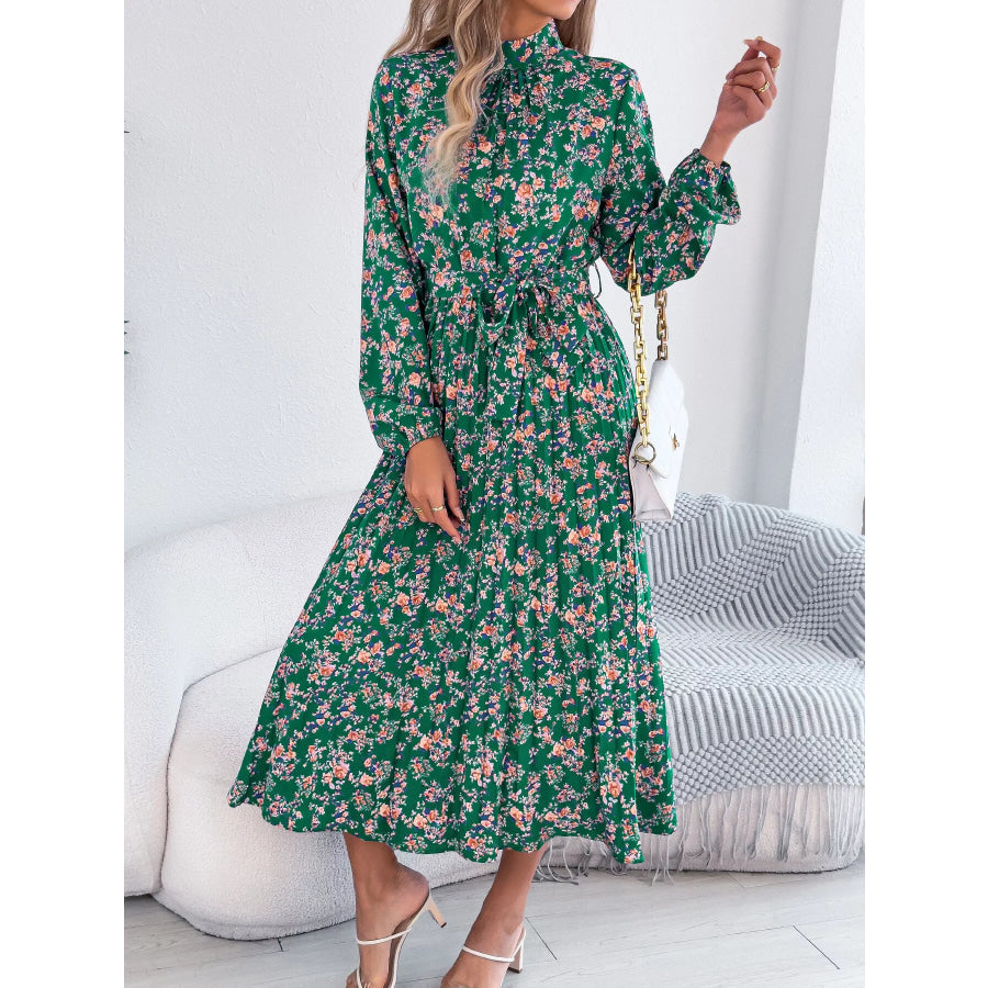 Floral Print Long Sleeve Midi Dress Green / S Apparel and Accessories