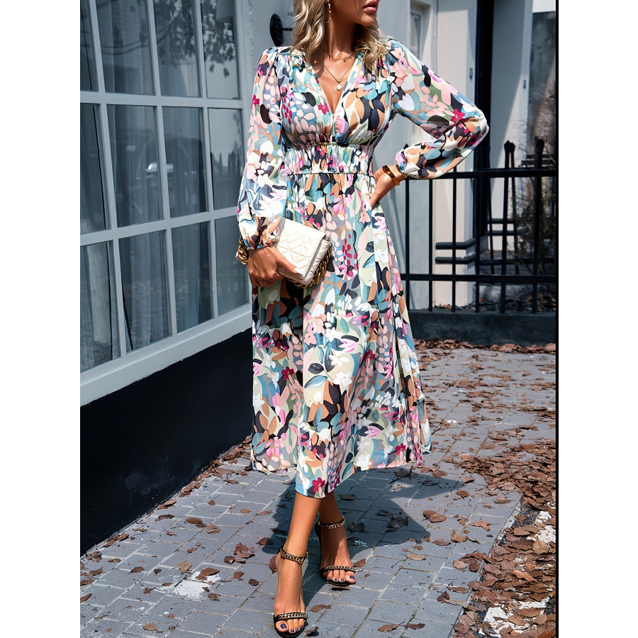 Floral Print Long Sleeve Midi Dress White / S Apparel and Accessories