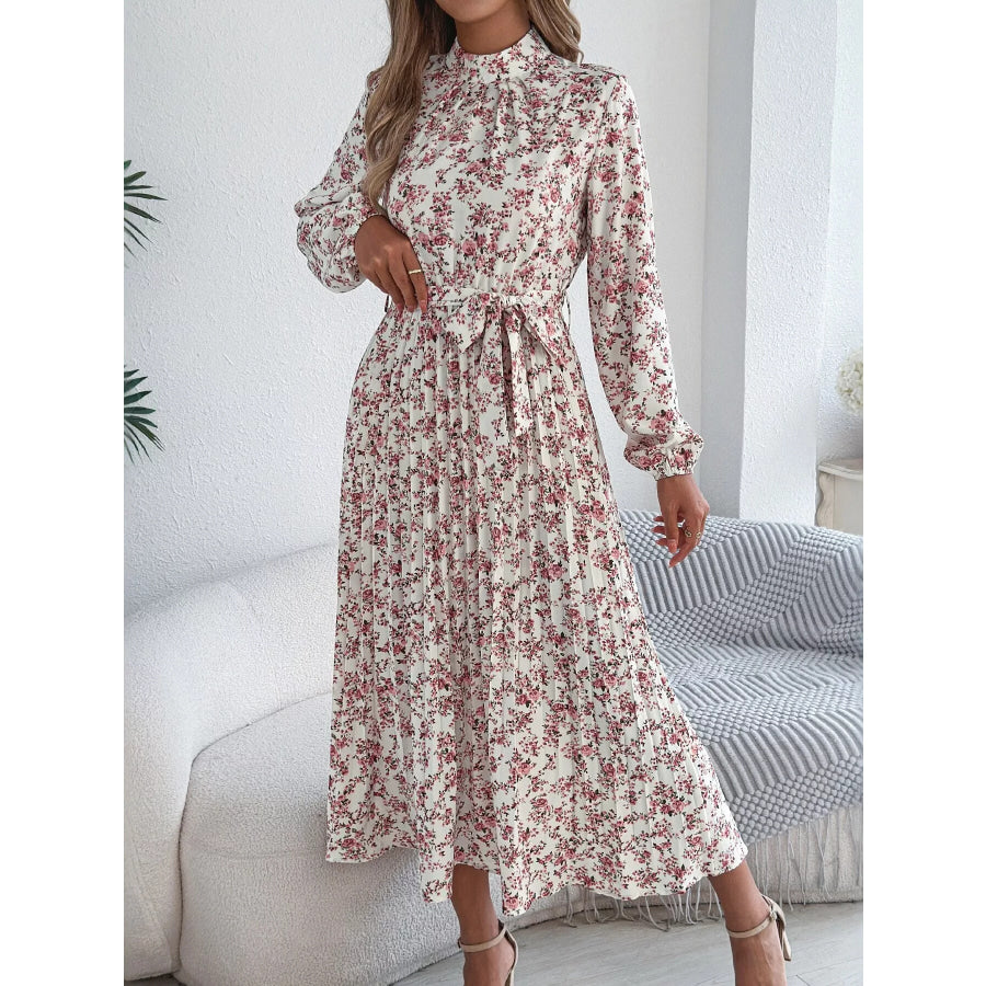 Floral Print Long Sleeve Midi Dress White / S Apparel and Accessories