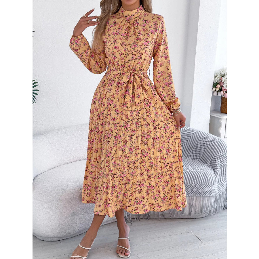 Floral Print Long Sleeve Midi Dress Yellow / S Apparel and Accessories