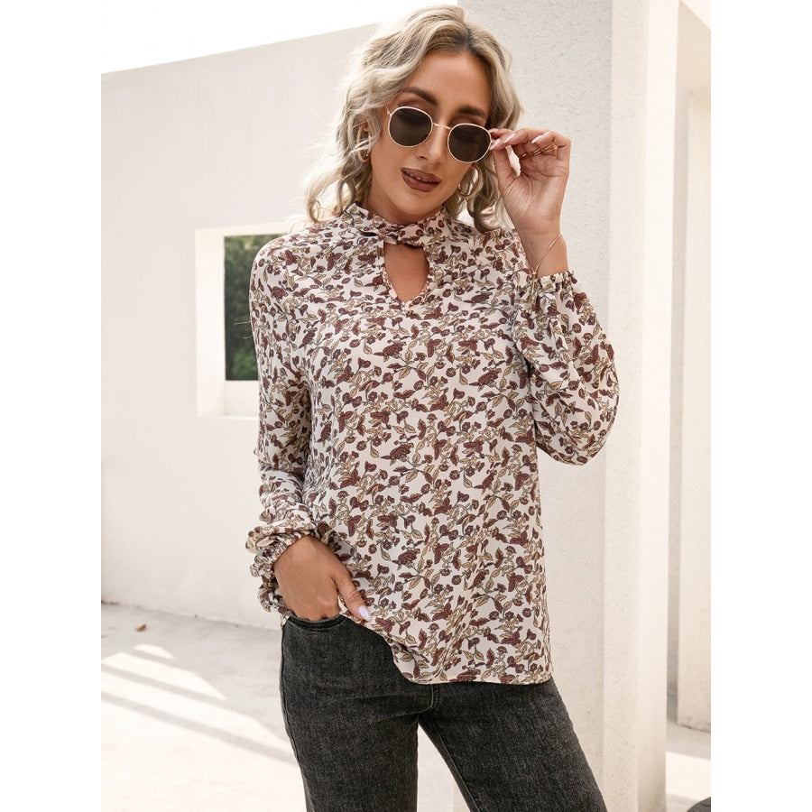 Floral Print Long Sleeve Mock Neck Blouse Floral / S