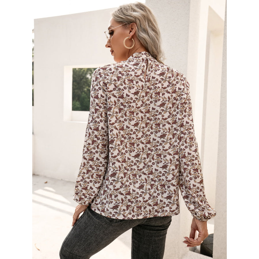 Floral Print Long Sleeve Mock Neck Blouse Floral / S
