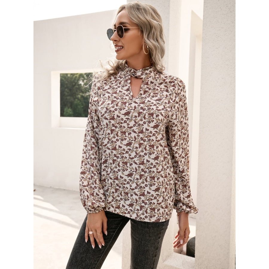 Floral Print Long Sleeve Mock Neck Blouse