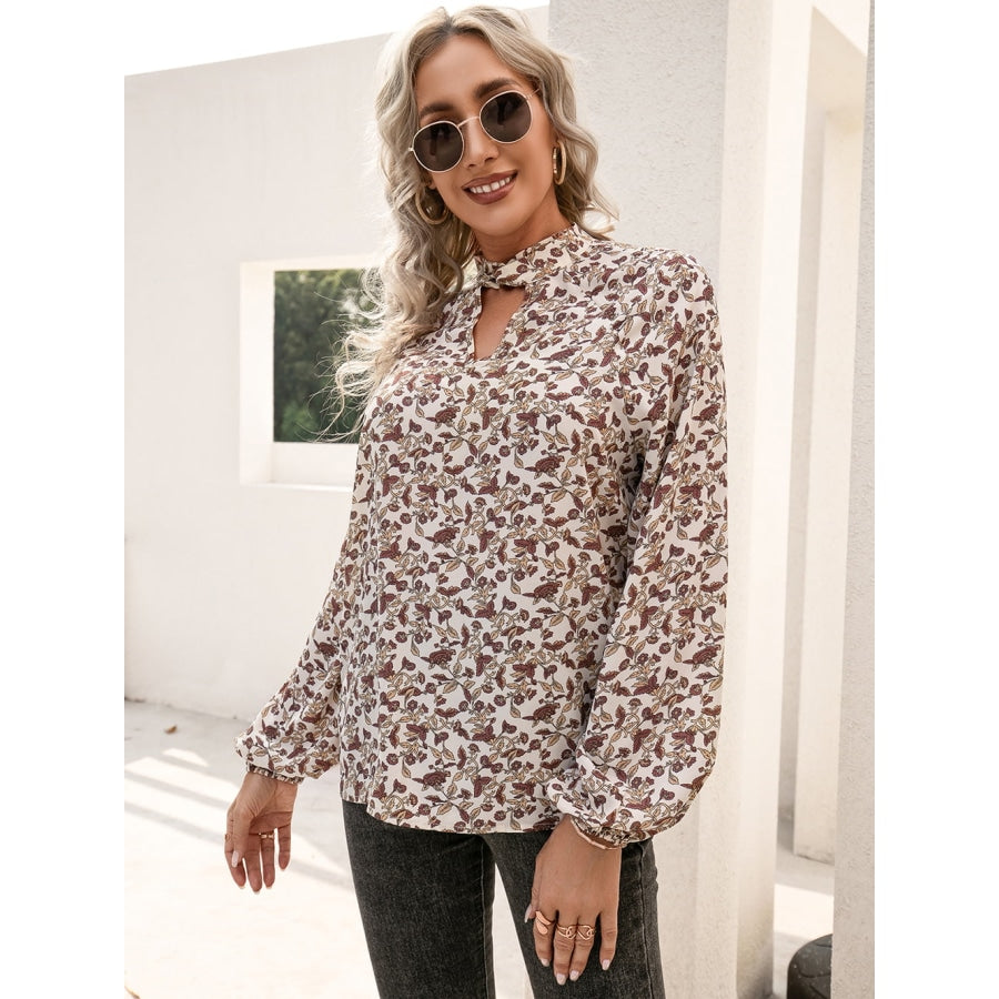 Floral Print Long Sleeve Mock Neck Blouse