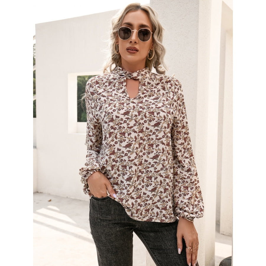 Floral Print Long Sleeve Mock Neck Blouse