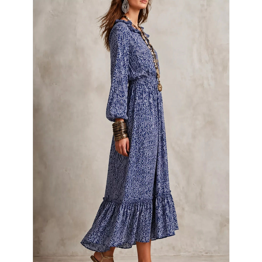 Floral Print Long-Sleeve Ruffle Hem Midi Dress Apparel and Accessories