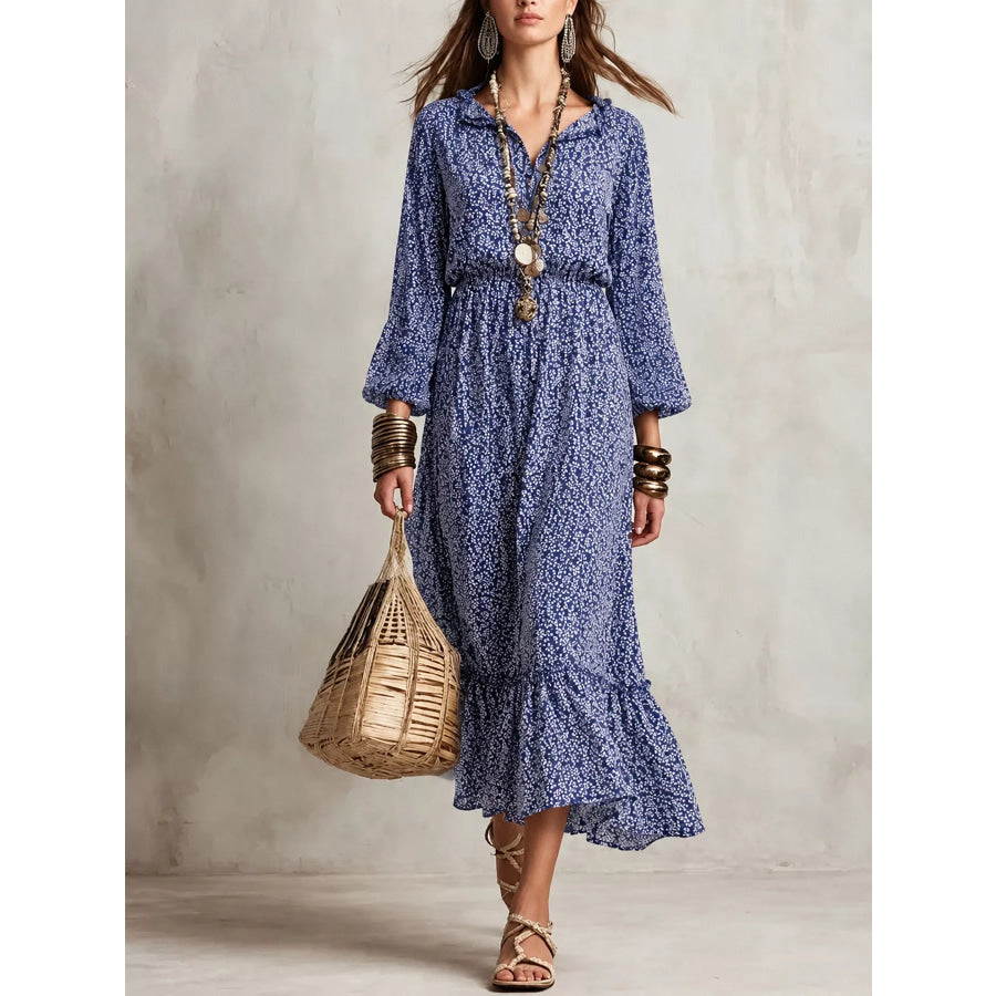 Floral Print Long-Sleeve Ruffle Hem Midi Dress Royal Blue / S Apparel and Accessories