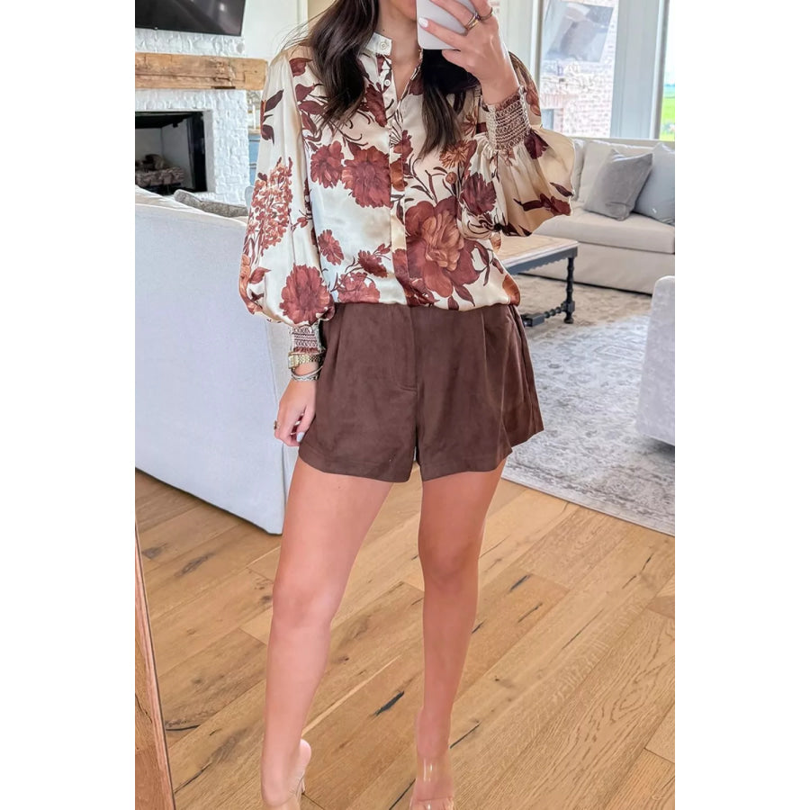 Floral Print Long Sleeve Shirt Caramel / S Apparel and Accessories