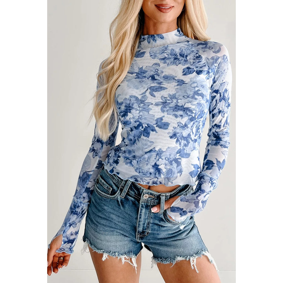 Floral Print Long Sleeve Stand Neck Mesh Top Apparel and Accessories