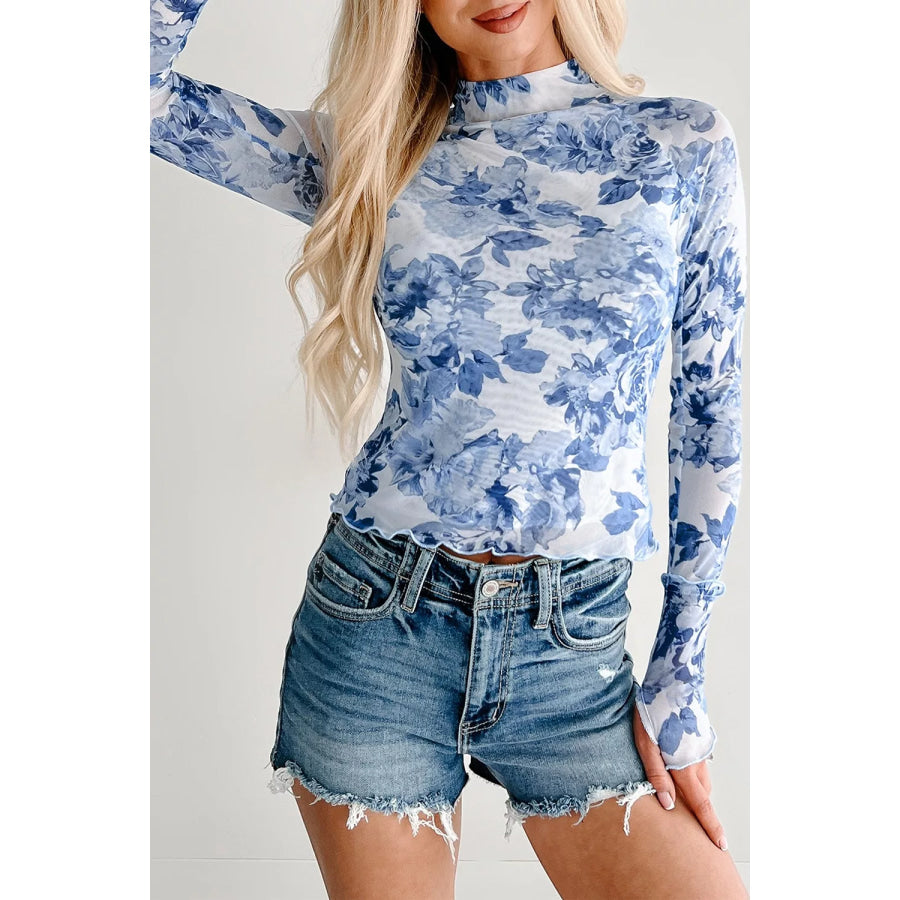 Floral Print Long Sleeve Stand Neck Mesh Top Apparel and Accessories