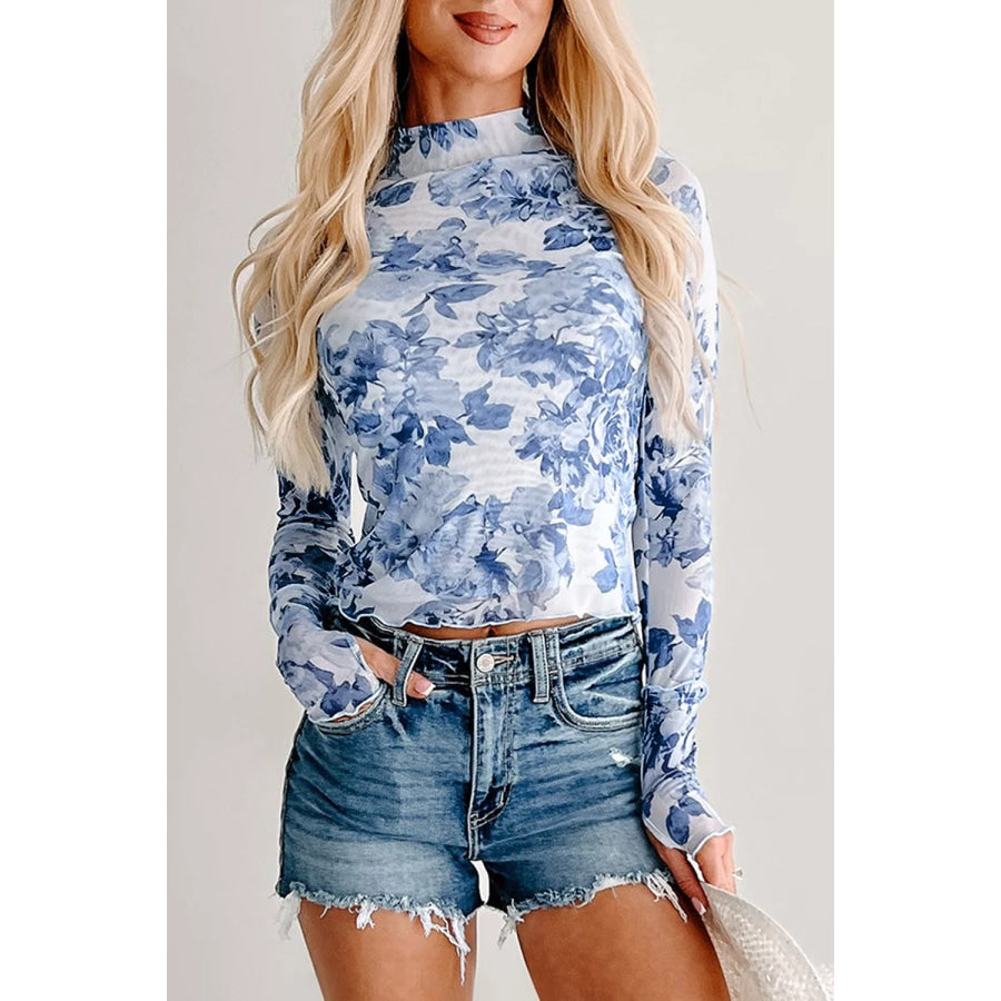 Floral Print Long Sleeve Stand Neck Mesh Top Light Blue / S Apparel and Accessories