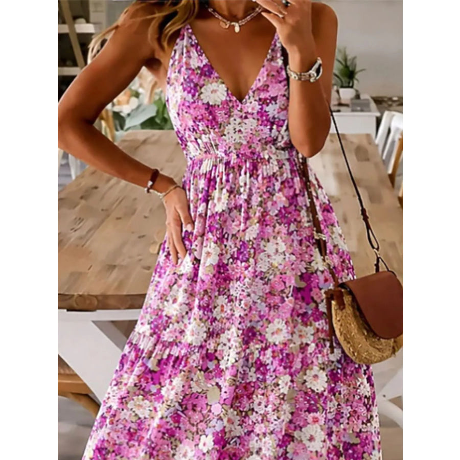 Floral Print Maxi Dress with Spaghetti Straps Cerise / S Apparel and Accessories