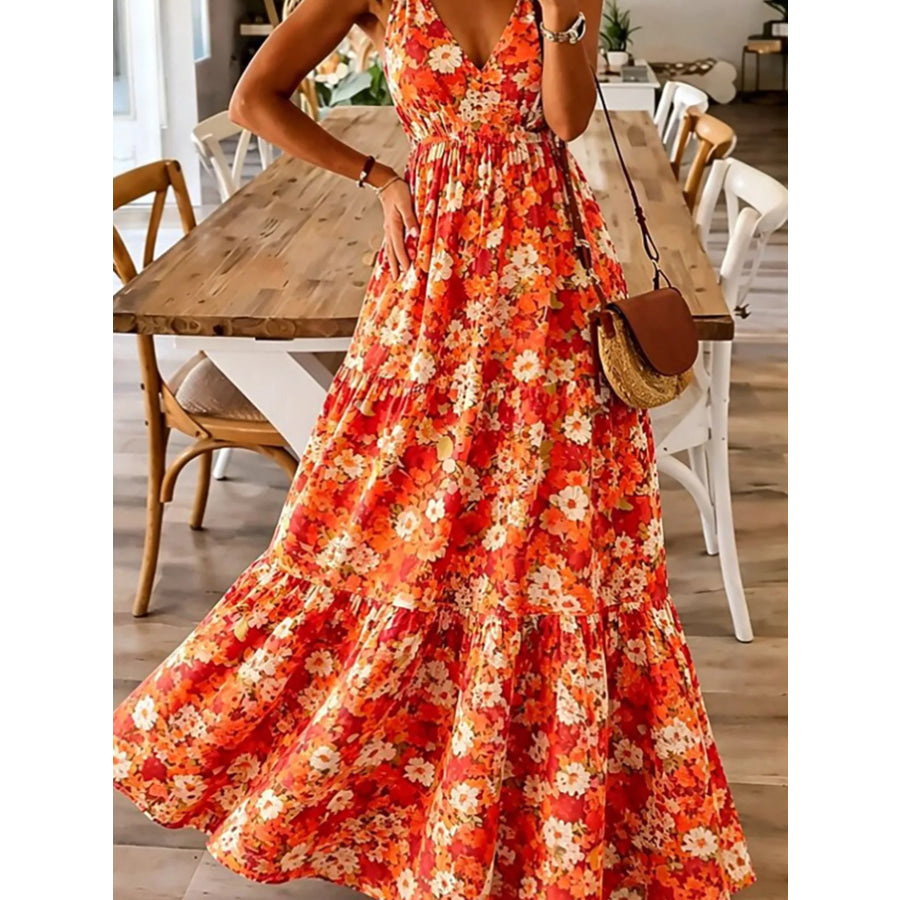 Floral Print Maxi Dress with Spaghetti Straps Orange / S Apparel and Accessories