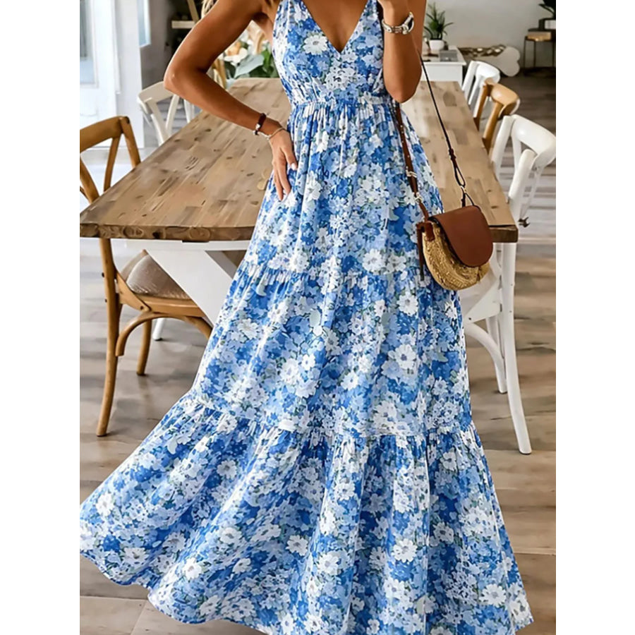 Floral Print Maxi Dress with Spaghetti Straps Sky Blue / S Apparel and Accessories