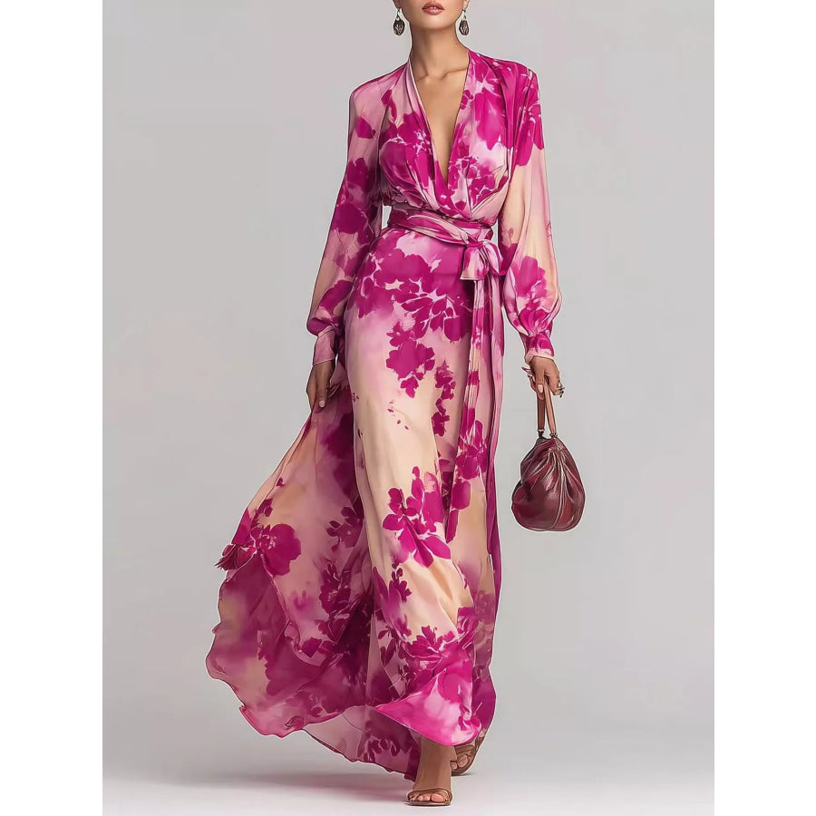 Floral Print Maxi Dress with Waist-Tie Detail Hot Pink / XS Apparel and Accessories