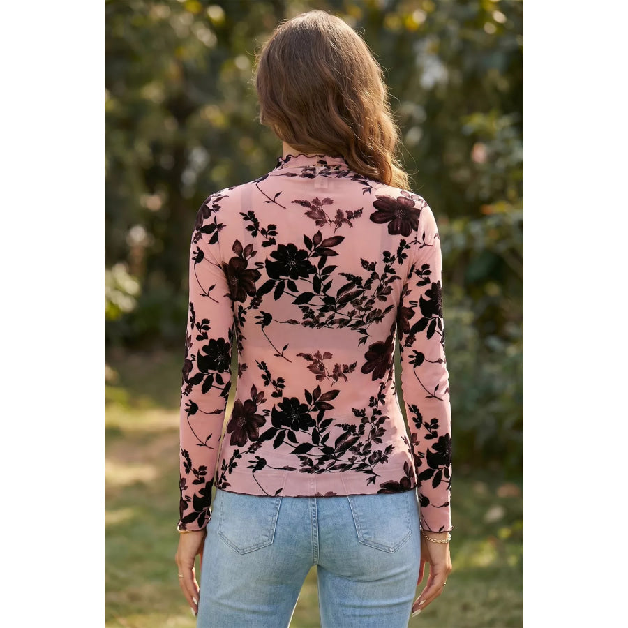 Floral Print Mesh Long Sleeve Pullover Blouse Apparel and Accessories