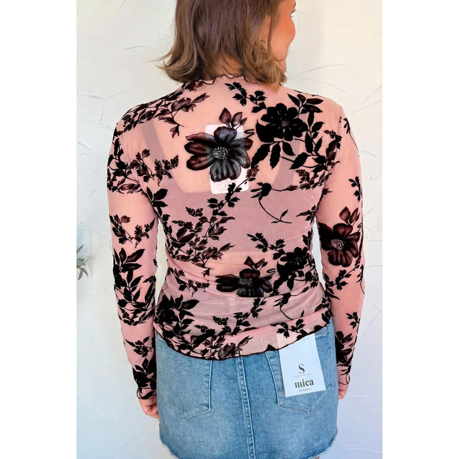 Floral Print Mesh Long Sleeve Pullover Blouse Apparel and Accessories