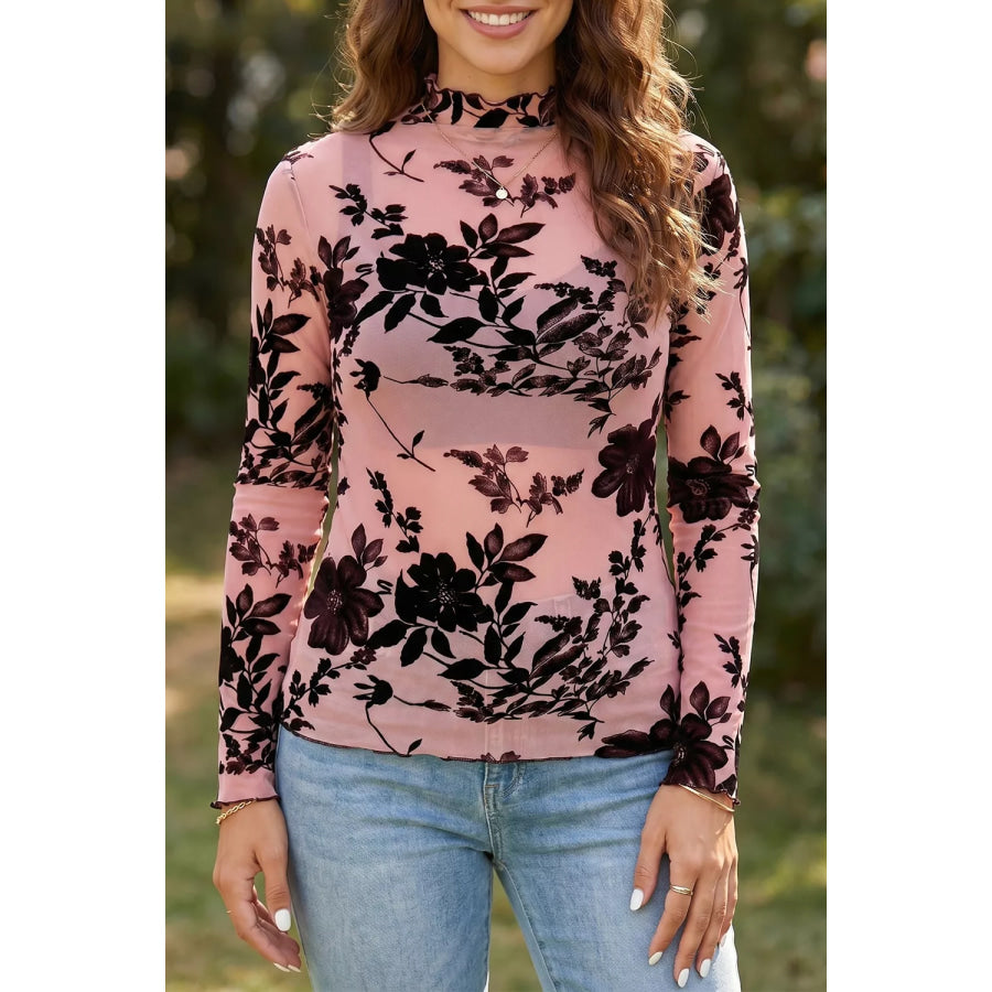 Floral Print Mesh Long Sleeve Pullover Blouse Apparel and Accessories