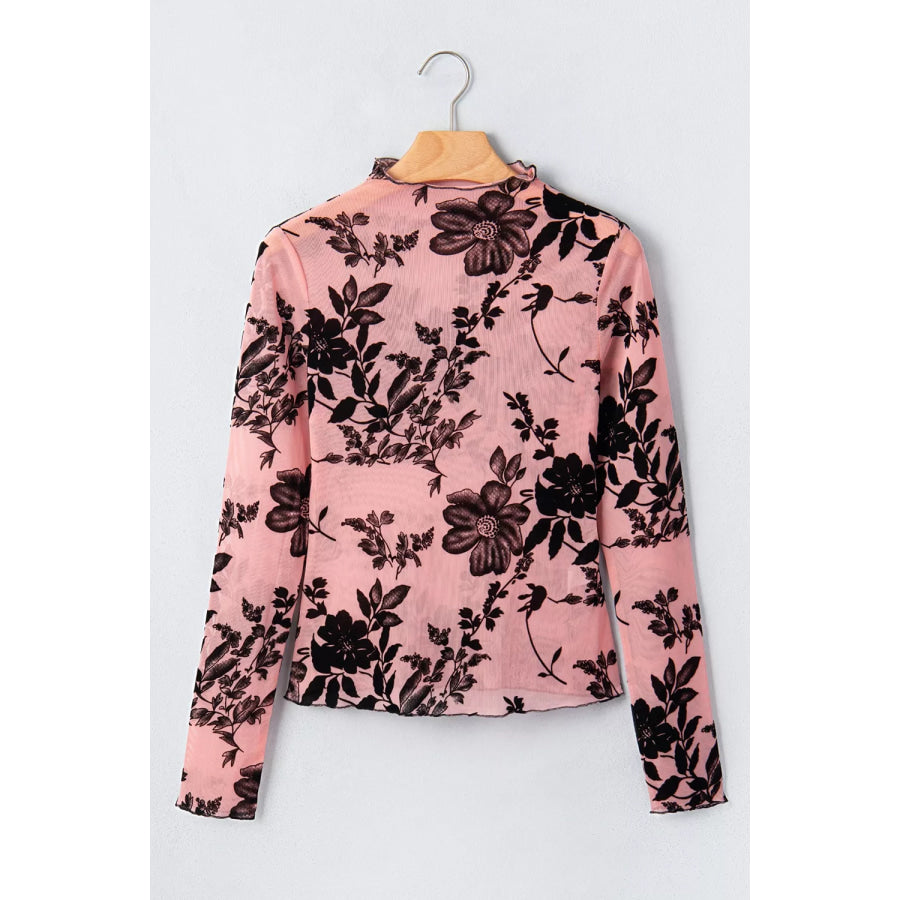 Floral Print Mesh Long Sleeve Pullover Blouse Apparel and Accessories