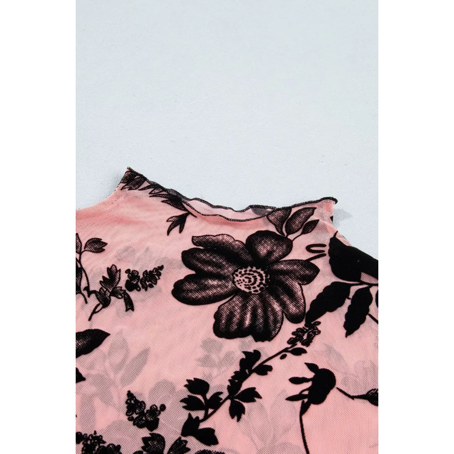 Floral Print Mesh Long Sleeve Pullover Blouse Apparel and Accessories