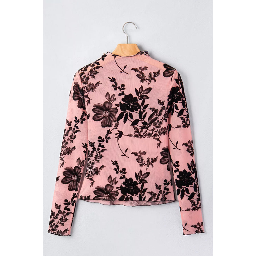 Floral Print Mesh Long Sleeve Pullover Blouse Apparel and Accessories