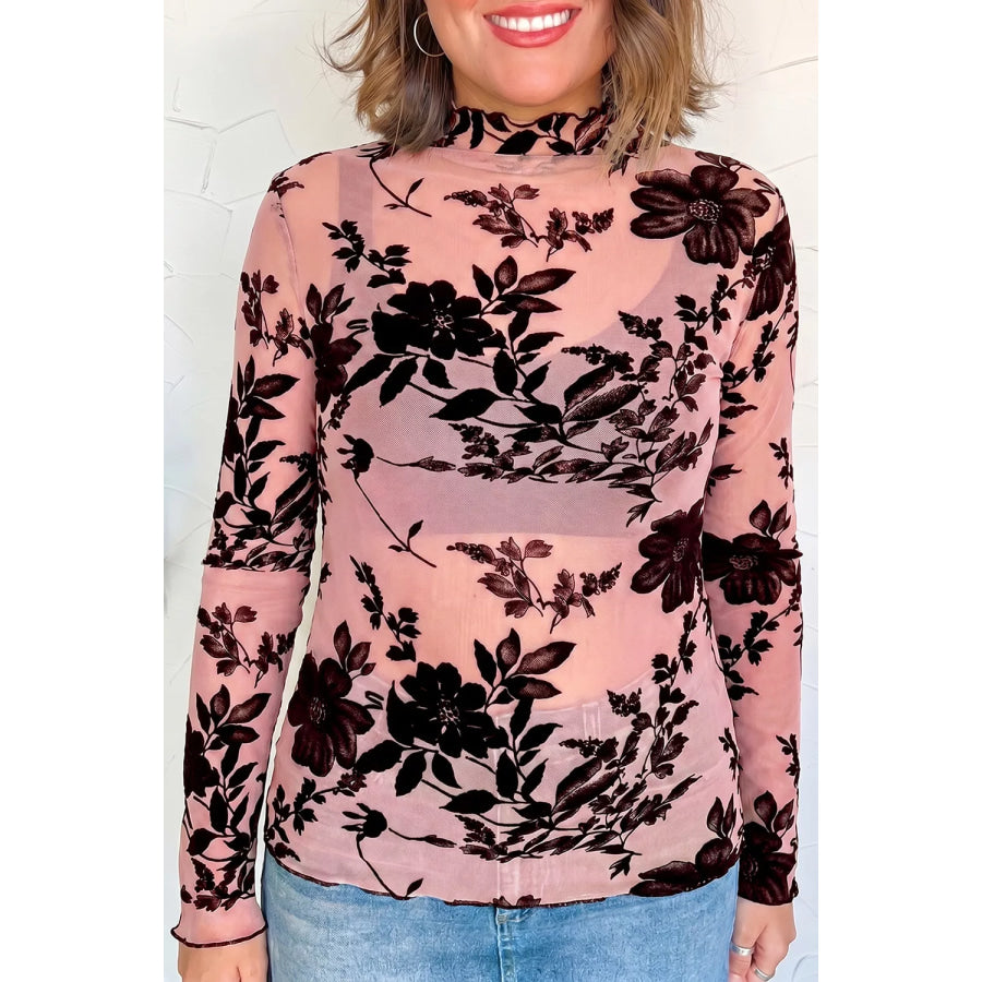Floral Print Mesh Long Sleeve Pullover Blouse Dusty Pink / S Apparel and Accessories