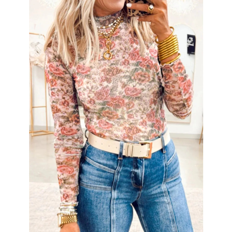 Floral Print Mesh Long Sleeve Top Apparel and Accessories