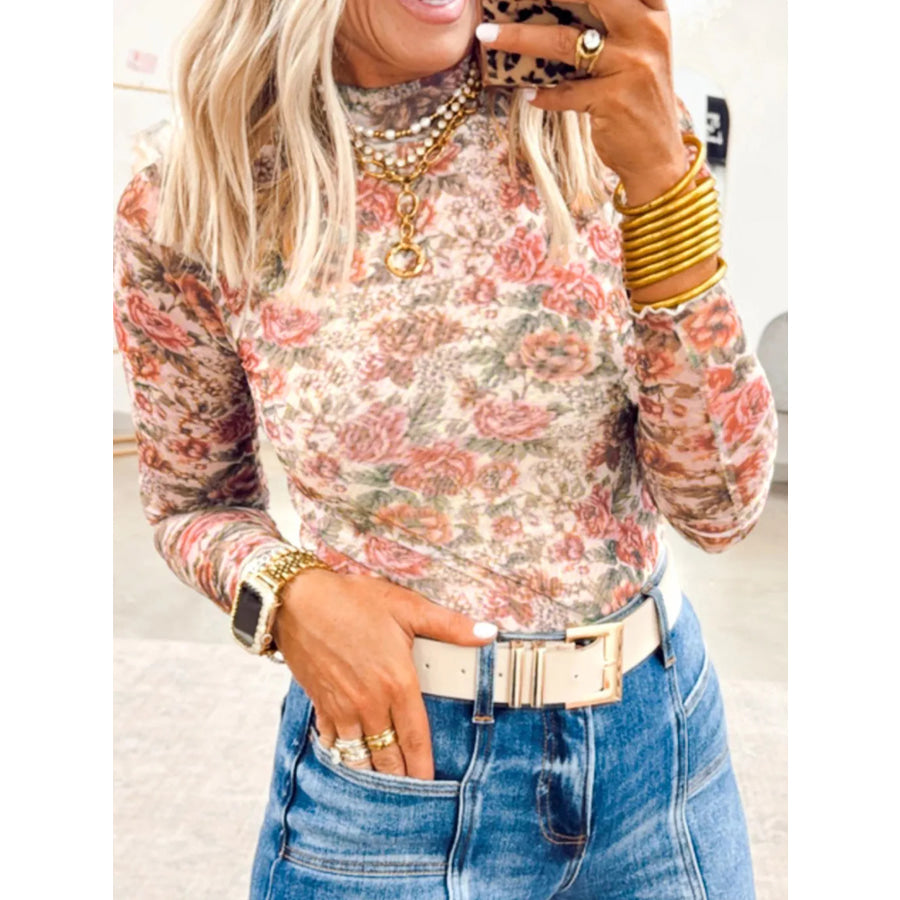 Floral Print Mesh Long Sleeve Top Floral / S Apparel and Accessories
